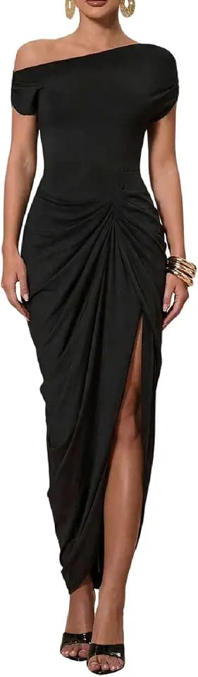 Floerns Women's Elegant Long Dress Asymmetrical Off Shoulder Ruched Slit Bodycon Cocktail Dresses