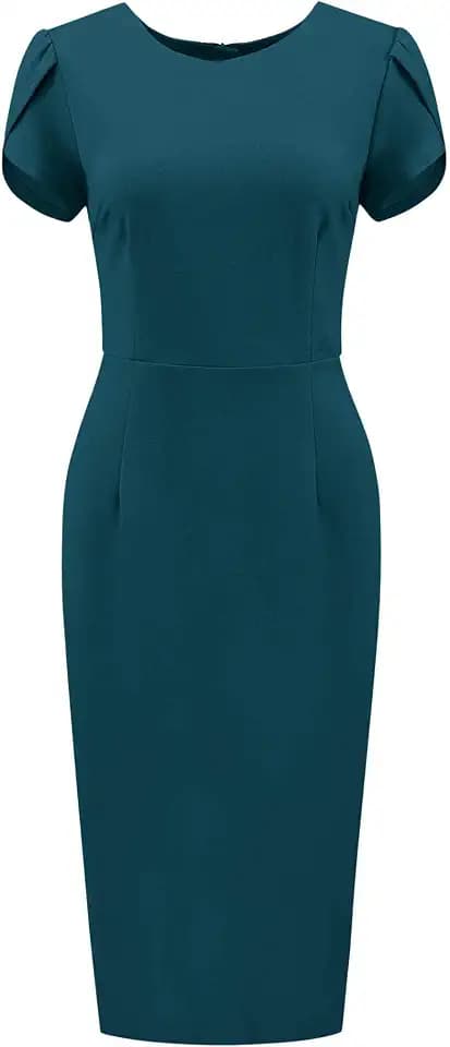 Hobemty Women Petal Short Sleeve Business Casual Knee Length Pencil Dress