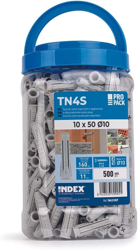 Index Fixing Systems TN4S08EP Nylondübel mit 4 Segmenten für alle Arten von Materialien, 0 W, 0 V, grau, 8 x 40 mm, 500 Stück