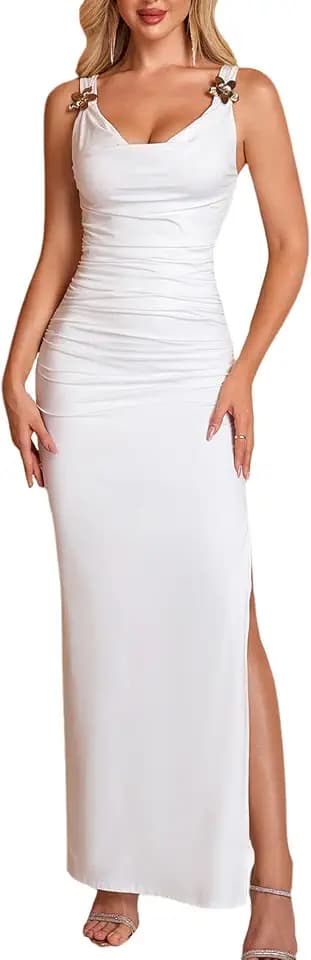 HTZMO Women's Formal Bodycon Maxi Dress Cowl Neck Ruched Slit Wedding Guest Cocktail Party Elegant Long Dresses