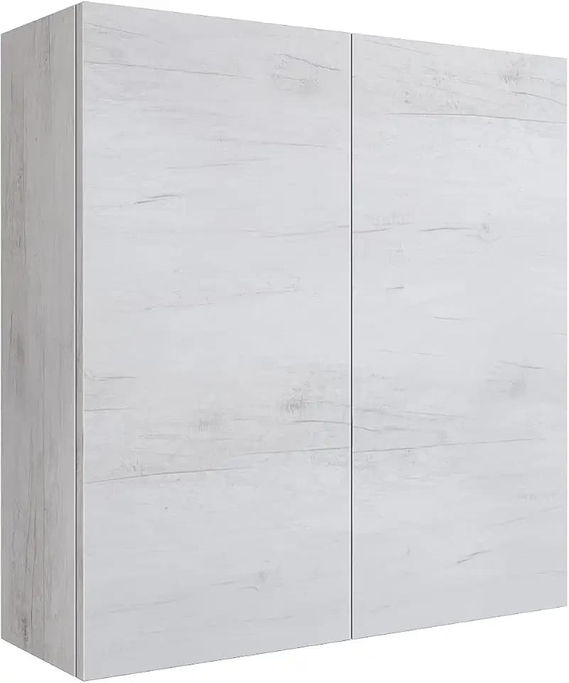 MaMa Store Hängeschrank mit 2 Türen und Öffnungssystem zum Öffnen, laminiert, Eiche Weiß L. 68 x T. 22 x H. 71 cm