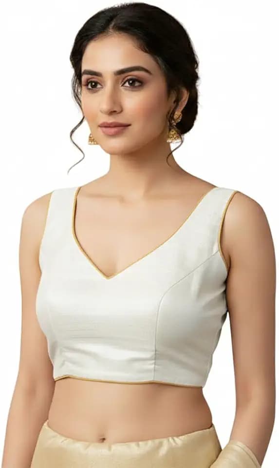 Dupion Stylish Readymade Sleeveless V-Neck Top Blouse with Deep Back and Tie-Up