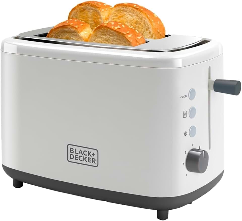 Black+Decker + Decker BXTO820E - Toaster 820W. 2 breite Toastschlitze. 7 Röstgradstufen. Automatische Brotzentrierung. Weiß, Plastik, 2 Breite Toastkammern