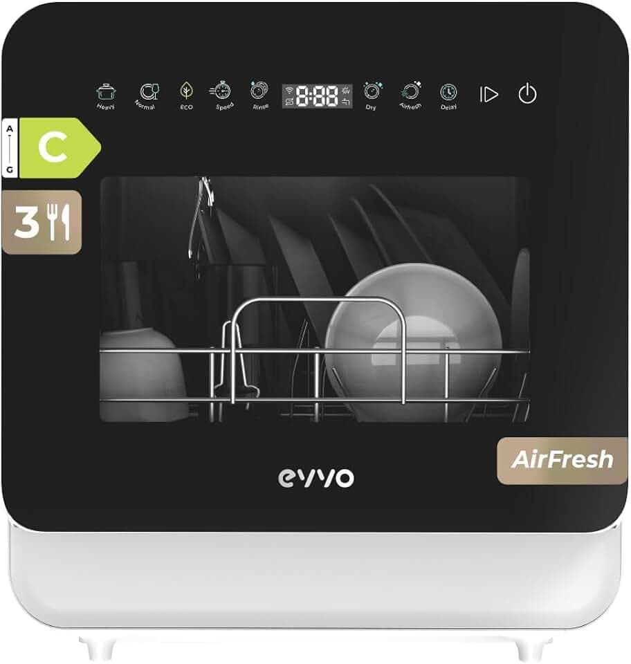 EVVO Mini D Trip 3 - Kompakter Geschirrspüler, 3 Gedecke, Energieklasse C, 6 Programme, Extra Air Fresh, LED-Touch-Panel, Startvorwahl, keine Installation