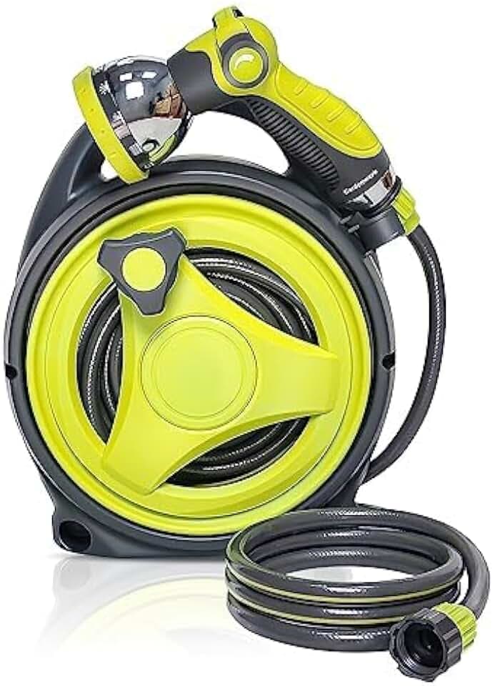 YASHINE 50ft Retractable Garden Hose Reel, Portable Hose Reel, 45+5FT with 10 Patterns Spray Nozzle, Adapts to standard US hose plugs, Hose Reel for Garden Watering Car Washing Pet -Green