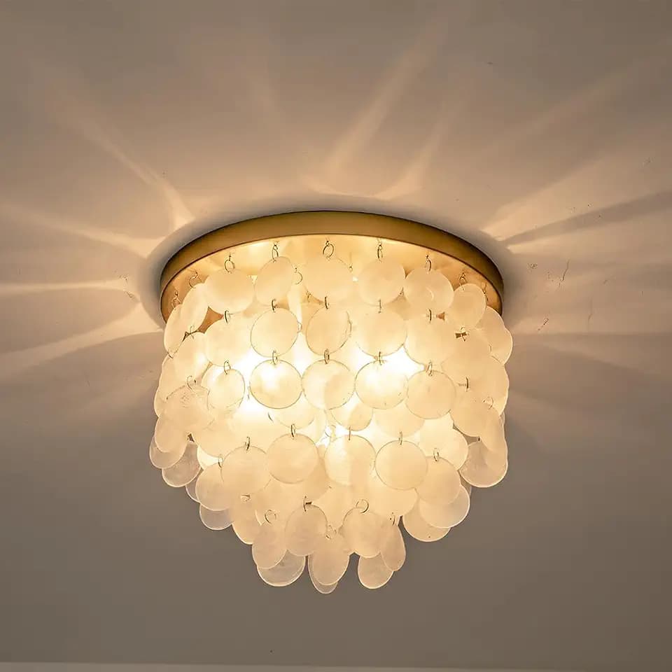 3-Lights Capiz Shell Ceiling Light Fixtures, Gold Boho Flush Mount Ceiling Light for Living Room, Bedroom, Kitchen Island, Foyer, Entryway, Seashell Coastal