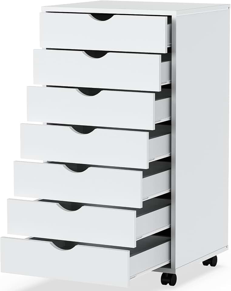 Sweetcrispy 7 Drawers Rolling Storage Cabinet, Mobile Wood Under Desk Drawer Organizer Chest with Wheels, Vertical Storage Unit for Home Office, Craft Room & Kitchen, White