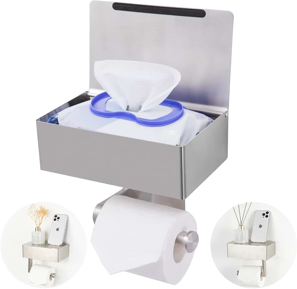Adhesive Toilet Paper Holder with Shelf and Storage, Wall Mount Toilet Paper Roll Holder & Flushable Wipes Dispenser Set Fits Any Bathroom, Stainless Steel Tissue Holder-Round, Brushed Nickel