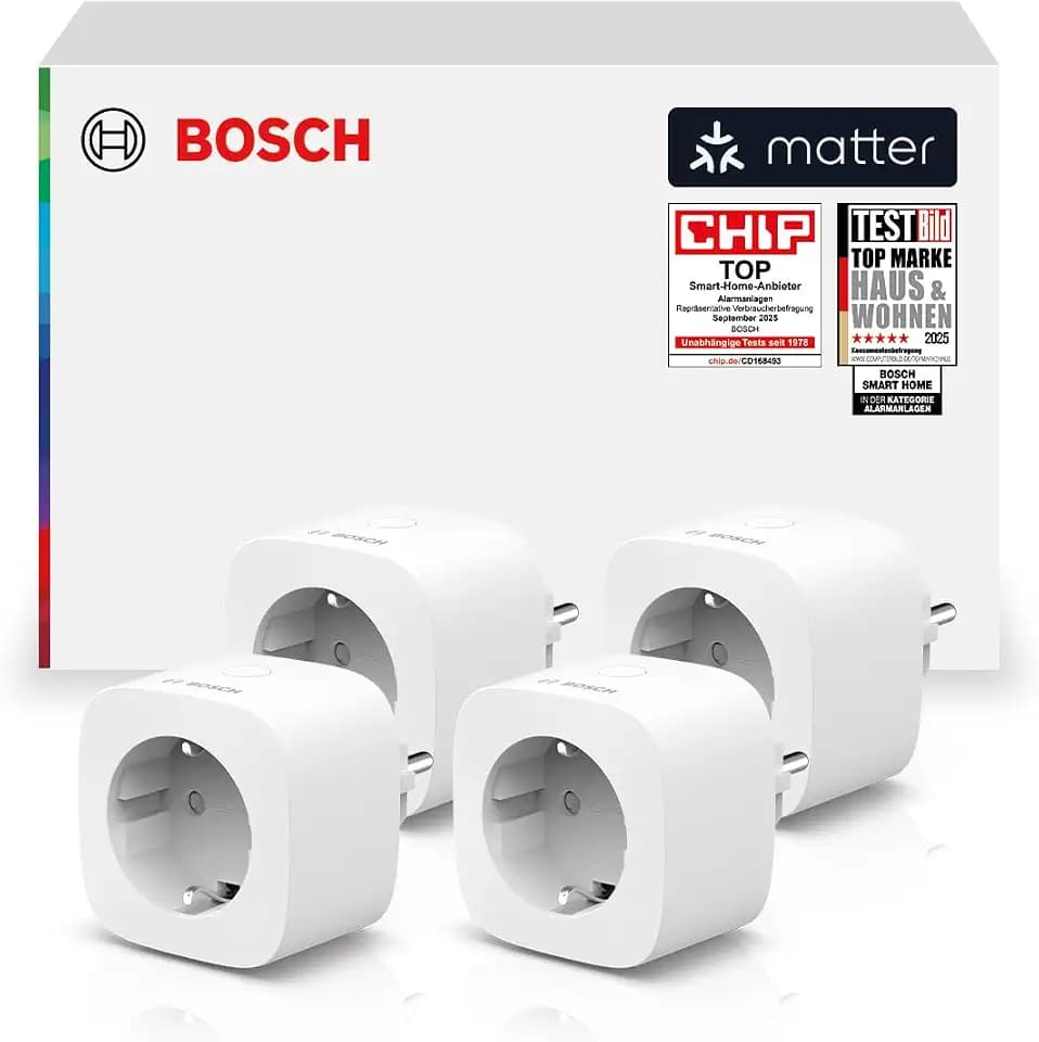 Bosch Smart Home Zwischenstecker kompakt [+M] 4er Set, smarte Steckdose, Matter, Stromverbrauch messen, Energiekosten senken, App- & Sprachsteuerung, Apple Home, Google Home & Alexa, Controller nötig