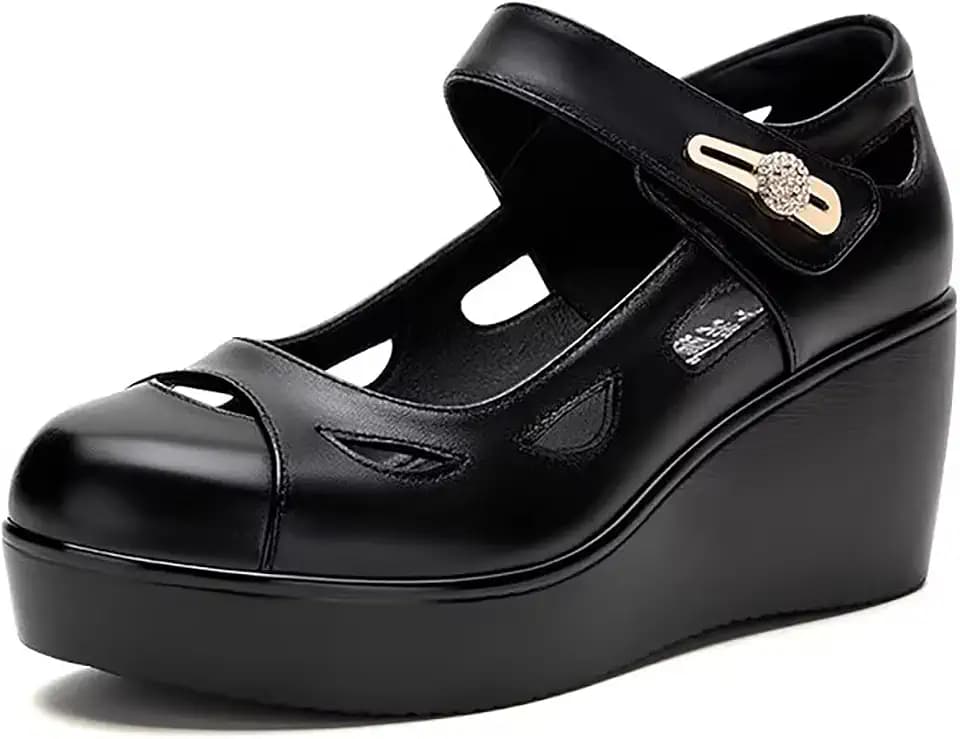 Women's Leather Cutout Wedge Thick Sole Mary Jane Shoes with Adjust Hook&Loop Comfortable Round Toe Non-Slip Chunky Platform Casual Pumps Business Office Work Shoes