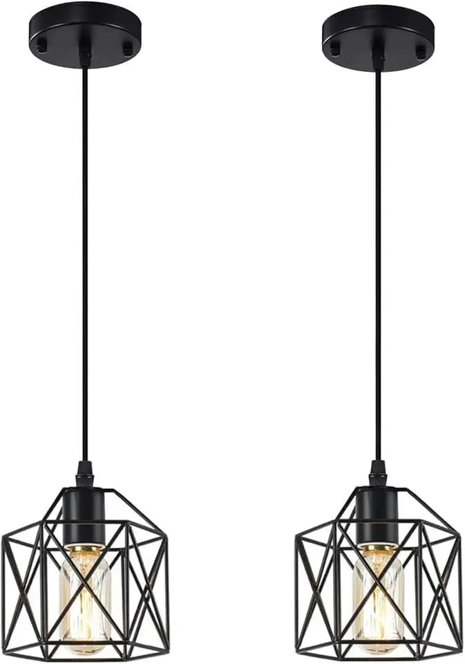 Black Pendant Light, 2 Pack Vintage Cage Hanging Lamp Farmhouse Industrial Metal Pendant Lighting Fixtures for Kitchen Island Bedroom Hallway