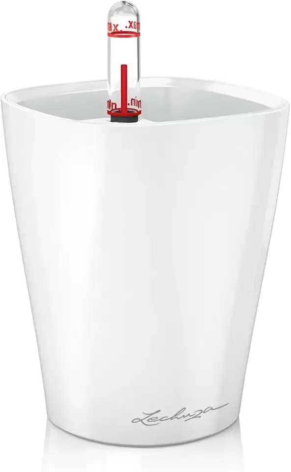 Lechuza MINI-DELTINI Cream White High Gloss, Self-Watering Small Indoor Planter, H5.1 L3.9 W3.9, 0.4L in
