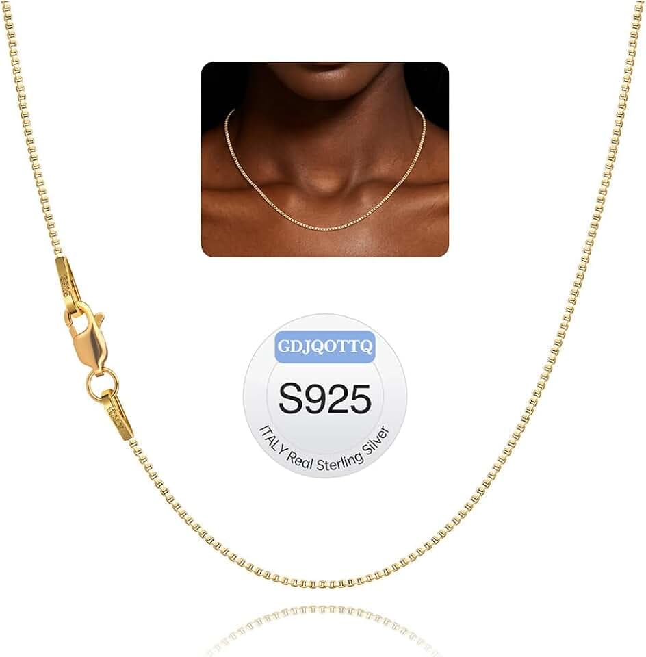 925 Sterling Silver Box Chain Necklace for Women Dainty, 1.0mm Non Tarnish 14K Gold Necklace for Women, Shiny & Sturdy Women's Necklace Chain 14 16 18 20 22 24 Inches