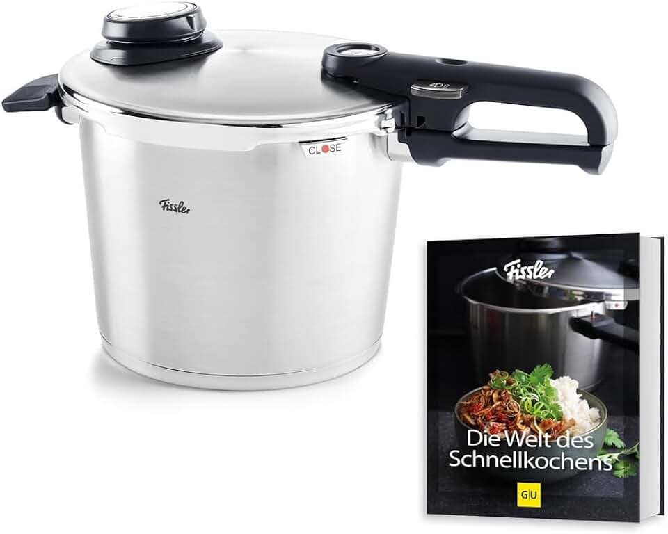 Fissler, Vitavit® Premium Schnellkochtopf-Set (6 L, Ø 22 cm), 4 Garstufen inkl. Dampfgarstufe, Einsatz & Schnellkochtopf-Buch, Induktion, Made in Germany
