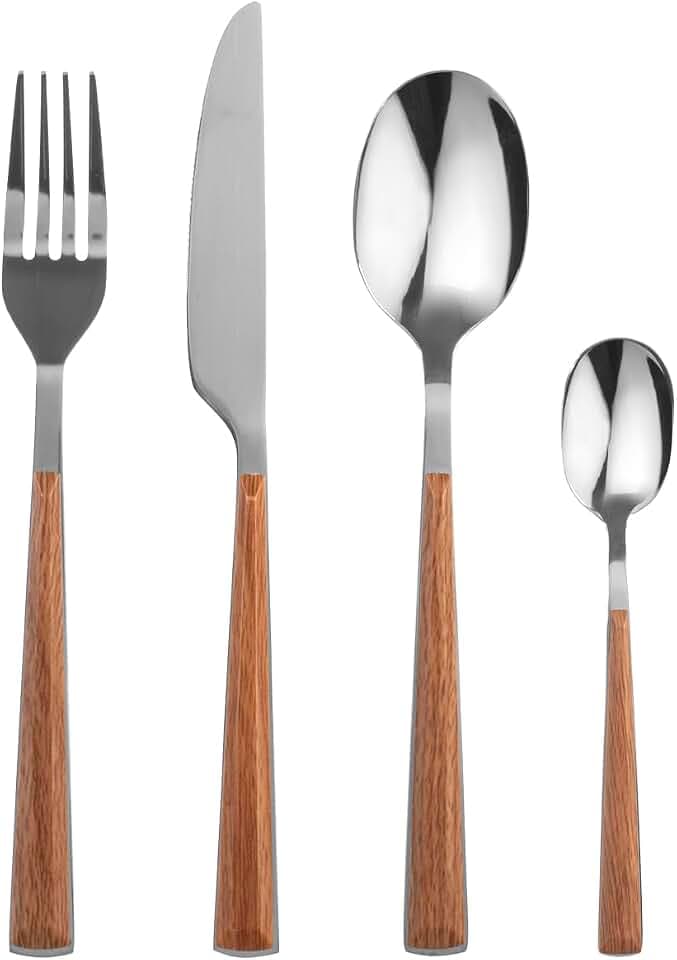 H&H Arbor Besteckset 24-teilig, Edelstahl mit ABS-Griff in Holzoptik, Spülmaschinengeeignet