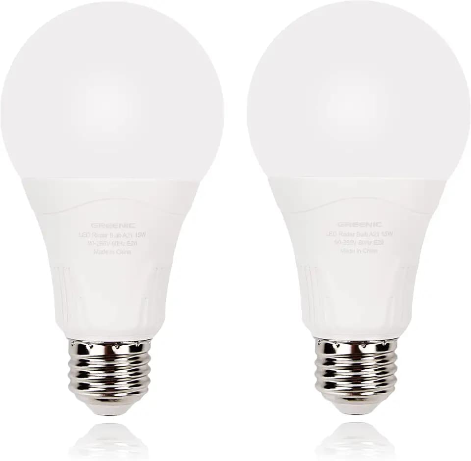 Radar Motion Sensor Light Bulb, 2 Pack A21 15W (100W Equivalent) 1500LM E26 Dusk to Dawn LED Bulbs Outdoor Lighting, Auto Motion Detector Light for Garage, Porch, Driveway, Patio,（Daylight 5000k）