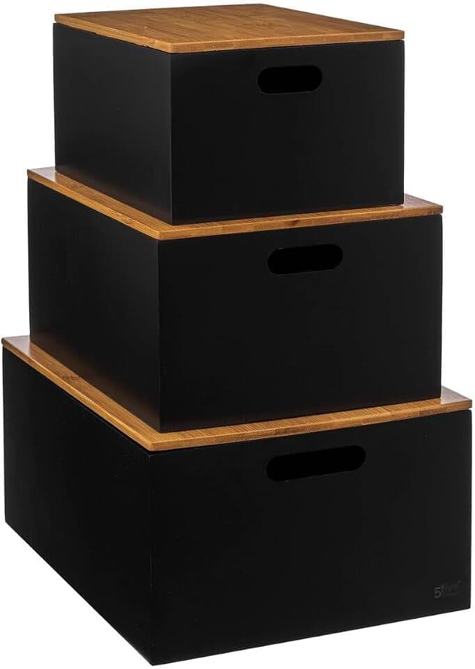 Five Aufbewahrungsboxen aus Holz mit Bambusdeckel, 3 Stück