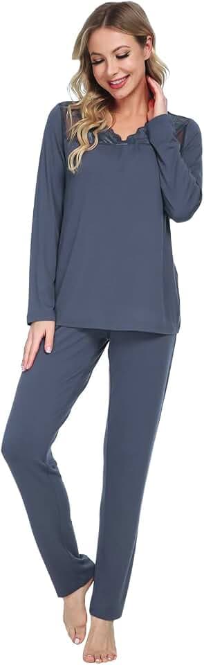 Mnemo Schlafanzug für Damen Weich Gestricktes Pyjama Set mit V-Ausschnitt und Exquisitem Gewelltem Saum 2 Stück Slim Fit Frauen Gemütliche Nachtwäsche