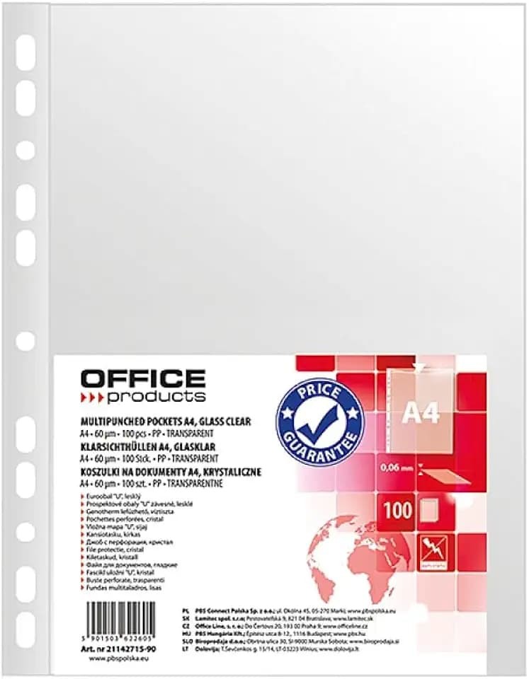 OFFICE PRODUCTS Prospekthülle/Klarsichthüllen Glasklar A4 / 100 Stück/Oben Offen Klarsichthüllen Sicht-Hüllen Gelochte Plastikhülle/Transparent 60 mikron/Verstärkte Kante