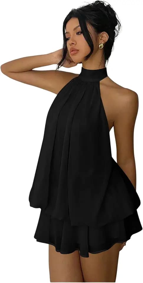 Verdusa Women's Chiffon Halter Drop Waist Flowy Wedding Guest Mini Dresses