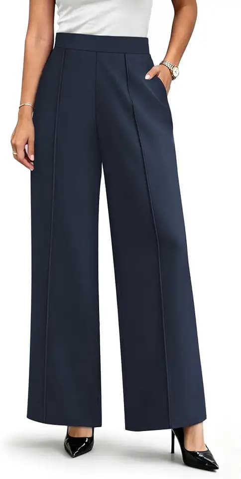 WIHOLL Wide Leg Dress Pants for Women High Waisted Work Business Casual Slacks Palazzo Pants Navy Blue L
