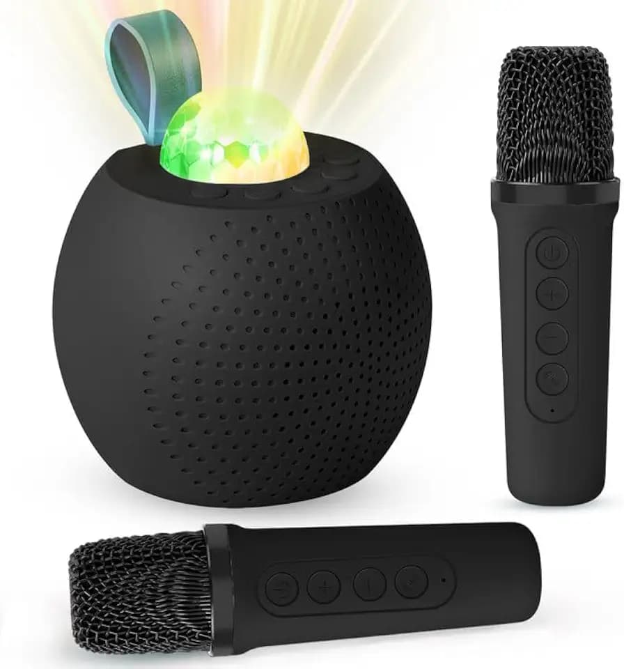 Mini Karaoke Machine for Kids Adults, Bluetooth Speaker with 2 Wireless Microphones:Portable Microphone Speaker with Colorful LED Disco Lights for Home Party-Birthday Gifts for Girls Boys (Black)