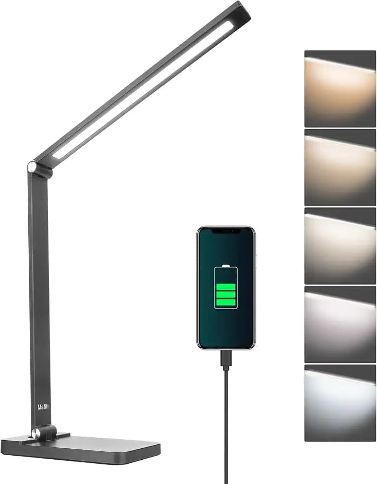 mafiti Schreibtischlampe LED Dimmbar Tischlampe 5 Farb und 3 Helligkeitsstufen, Augenfreundliche Nachttischlampe, USB-Anschluss für Leser, Kinder, Büro-Schwarz