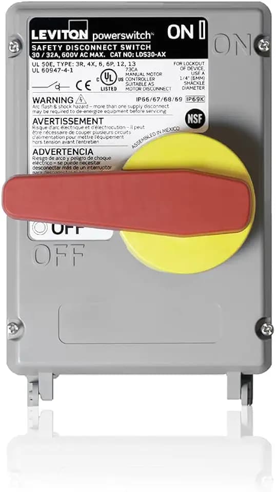 Leviton Non-Fused Powerswitch Safety Disconnect Switch with Factory Installed Auxiliary Contact, 30 Amp, 600 Volt, Non-Metallic Enclosure, LDS30-AC, Gray