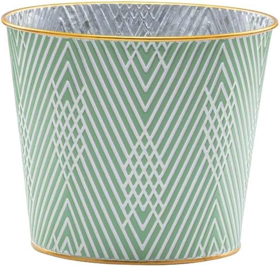 Napco Art Deco Metal Cache Planter – Large 6 x 7 Inch Plant Cover with Hard Liner, Green Geometric Arrow Pattern and Gold Rim, Chic Contemporary Accent for Stylish Home or Office Décor
