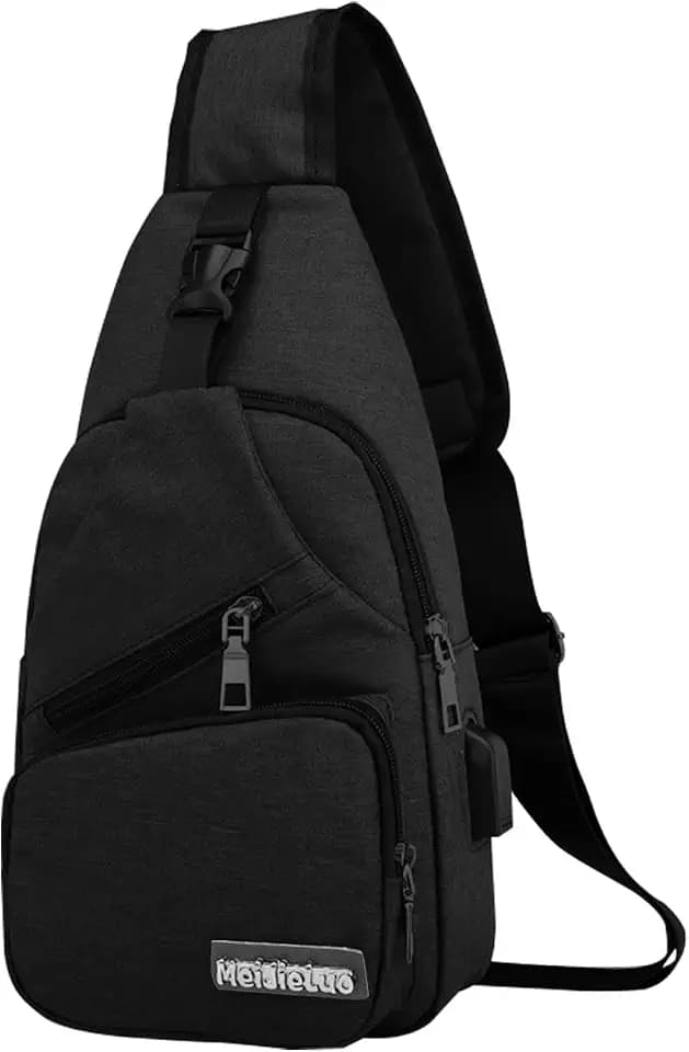 FuninCrea Herren Sling Bag Wasserdicht Schwarz 30 x 18 x 9 cm mit 3 Reißverschlusstaschen & Fach, Umhängetasche Herren mit Verstellbarem Schultergurt