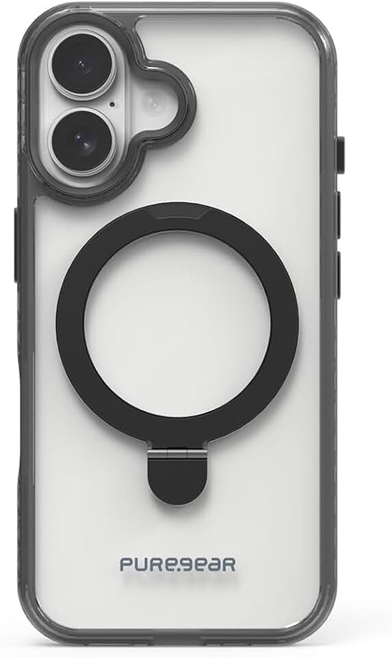 PureGear Slim Shell Plus Kik for Apple iPhone 16 (2024) 6.1", Compatible with MagSafe Charging, Scratch-Resistant & Durable Protection, iPhone 16 MagSafe Case with Ring Grip Kickstand, Clear Black