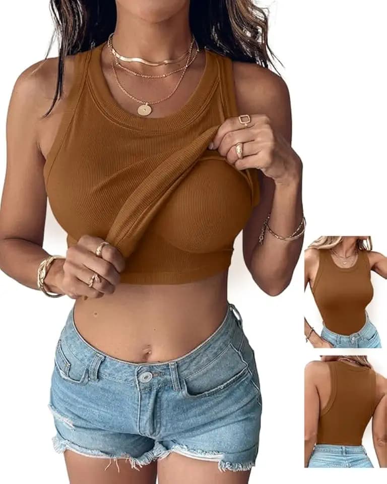 CHICME Women Built-in Bra Tank Tops Sleeveless Racerback Ribbed Fitted Tops
