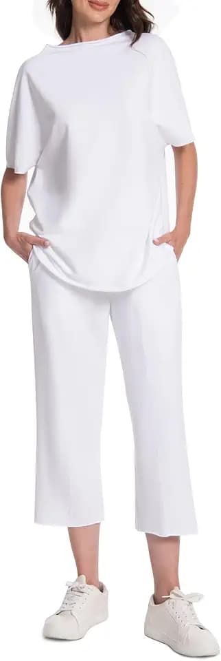 Damen Lounge Set Zweiteiler Frauen 3/4-Ärmel Capelet Rundhalsausschnitt Pullover Top Weite Hosen mit Taschen Freizeitanzug