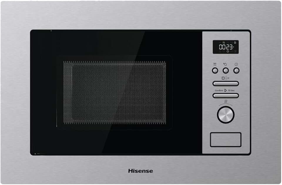 Hisense BIM320G41X Einbau-Mikrowelle, 1000 W, 20 l, Höhe 38,8 cm x Breite 59,5 cm, Edelstahl, 5 Leistungsstufen, 15 voreingestellte Programme, Grill-Kombo, Auftauen nach Zeit oder Gewicht