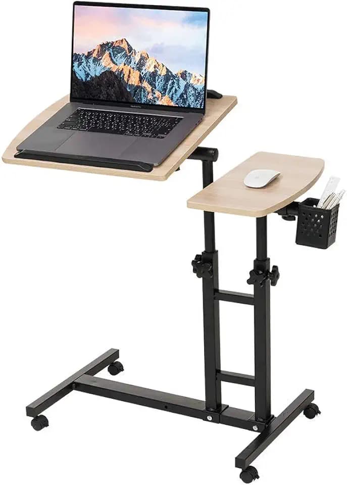 Adjustable Overbed Laptop Table Tilting Top with Mouse Pad, Height Adjustable Rolling Bedside Desk with Wheels for Home, Hospital, Sofa Use - Dark Blond Wood