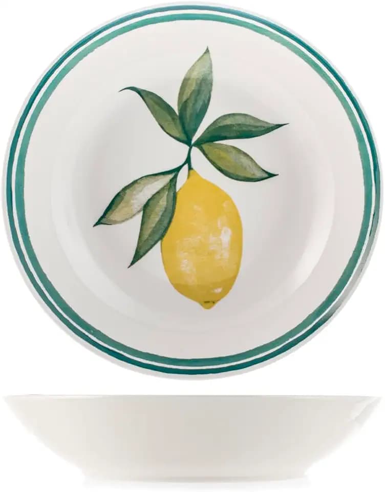 H&H Set mit 6 Suppentellern Solea aus Porzellan – Dekor Limoni, Ø 20,5 cm – elegantes und farbenfrohes Tafelservice