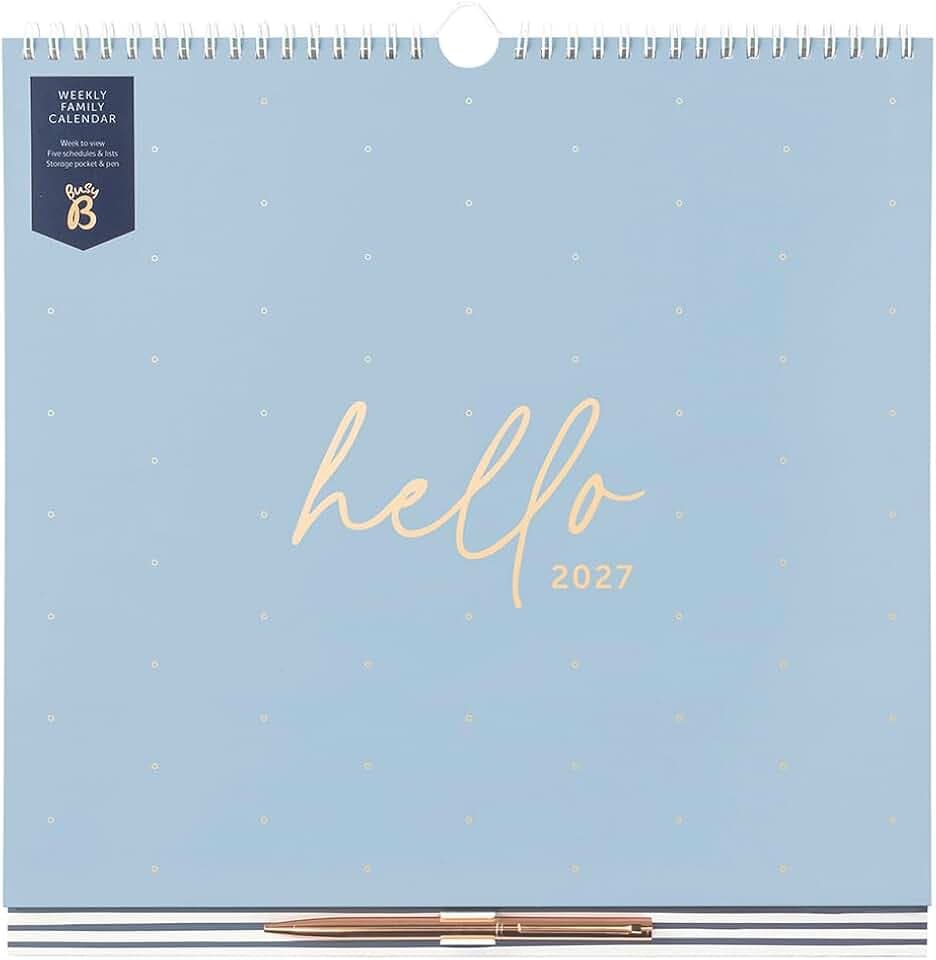 Busy B – Wochen-Familienwandkalender 2027 – Puderblau – Stift,Listen & Fach