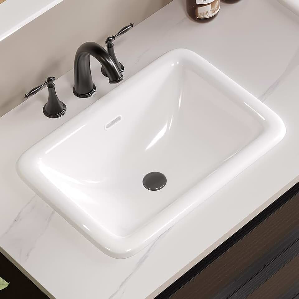 Bathroom Rectangle Vessel Sink 18" x 14" Semi Recessed Sink White Drop in ceramic Sink with Overflow Modern Sinks Bowl Vanity Above Counter Basin