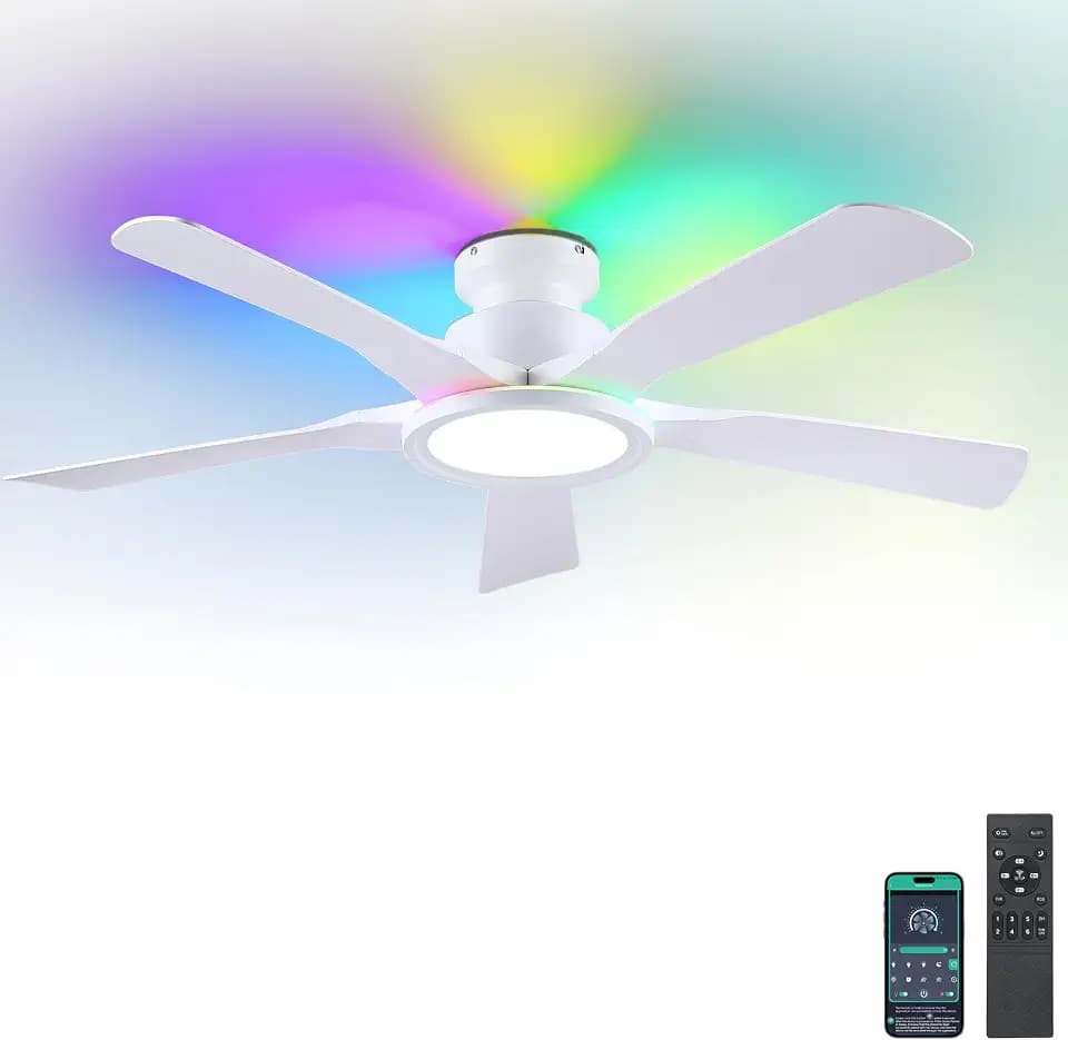 Kviflon RGB Deckenventilator mit Fernbedienung, Leise DC Motor, Umkehrbar, Dimmbar LED, 132cm Deckenventilatoren für Schlafzimmer Wohnzimmer, Weiß