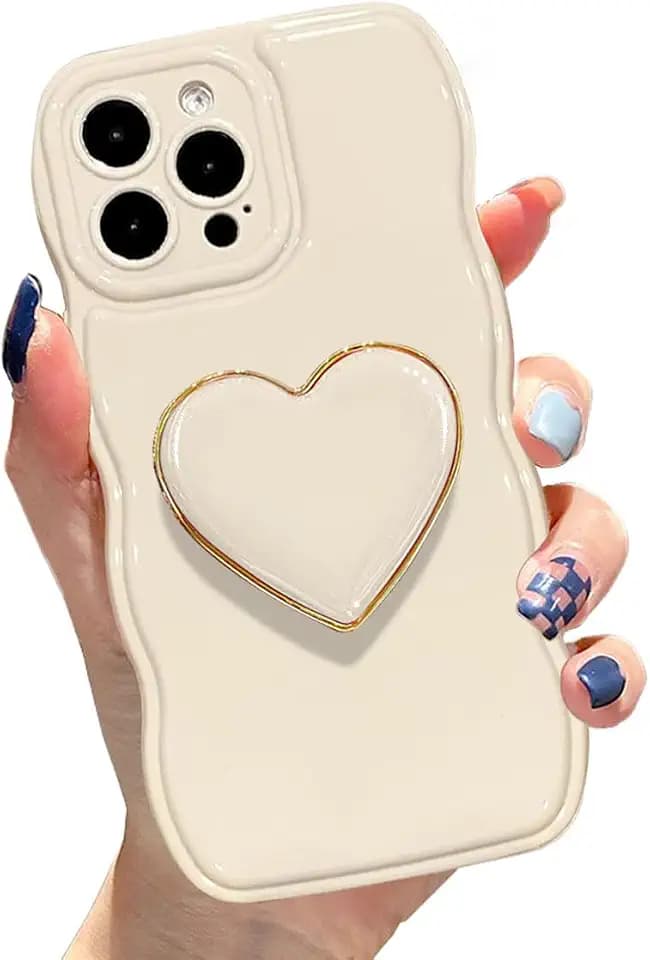 for iPhone 14 Pro Cute Case Curly Wavy Frame with Stand Beige
