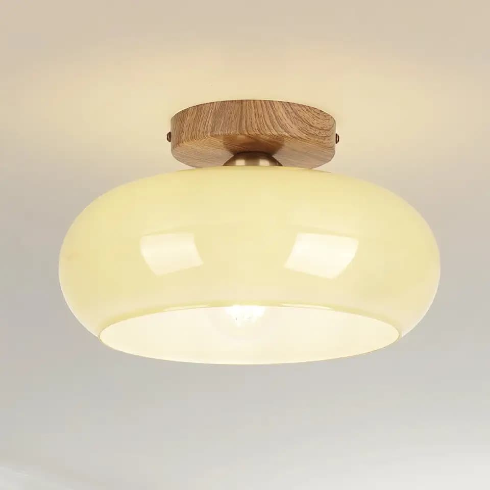 Mid Century Modern Schoolhouse Semi Flush Mount Ceiling Light, Cream Glass Lamp with Wood Grain Metal Base, Rustic Farmhouse Lighting Fixture for Bedroom, Hallway, Dining, Living, Entryway