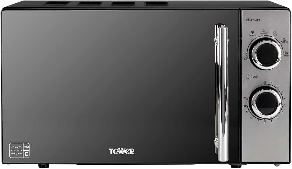 Tower Manuelle Solo Mikrowelle mit 5 Leistungsstufen, 30 Minuten Timer, Auftaufunktion, stilvolle Spiegeltür, 800 W, 20 Liter, schwarz