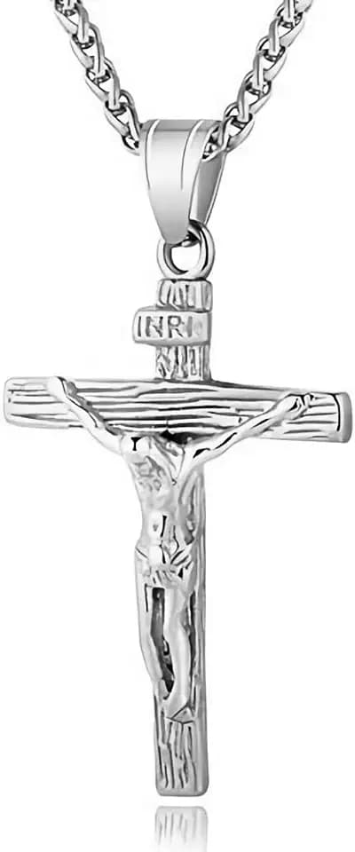 Silver Jesus Cross Crucifix Necklace Men 24 Inch Stainless Steel