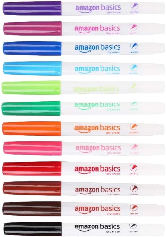Amazon Basics Low Odor Ultra Fine Tip Dry Erase Whiteboard Markers for Precise Writing, Thin Lines, Assorted Colors, 12-Pack