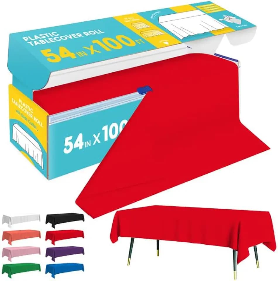 Niuara Red Plastic Table Cover Roll - 54IN x 100FT, Table Cloth for Rectangle Table with Slide Cutter, Plastic Table Cloth Disposable with Cut-to-Size Design for Weddings, Banquets, Parties