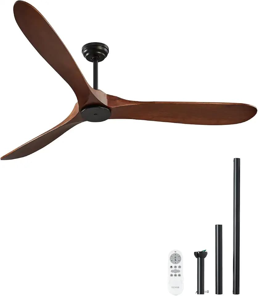 VEVOR 72 Inch Ceiling Fan without Light, 6-Speed Remote Control, 3-Wood-Blade, Reversible DC Motor, Modern Low Profile Flush Mount Exterior Fan for Bedroom, Living Room, Patio, Indoor/Outdoor, Walnut