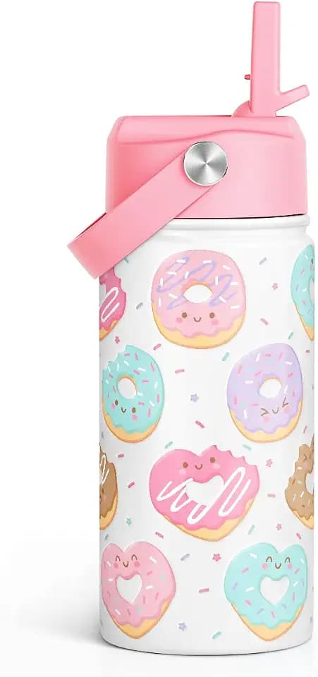 SANDJEST Donut Kids Water Bottle With Straw Lid 12oz Insulated Stainless Steel, Sprinkle Travel Tumbler, Gifts for Girls, Birthday, Christmas, Back To School