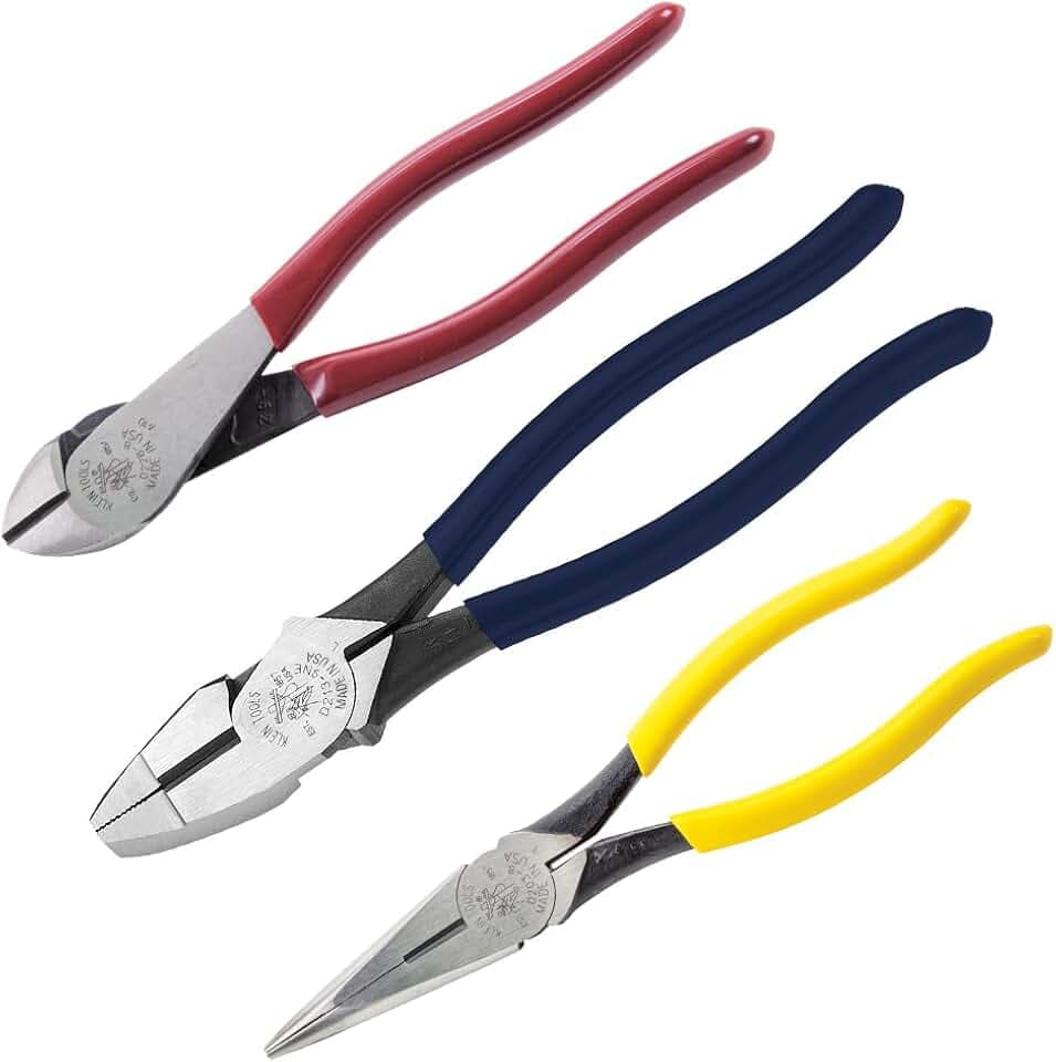 Klein Tools 80020 Plier Set, Made in USA, Lineman's Pliers, Diagonal Cutters, and Needle Nose, Induction Hardened Knives, 3-Piece