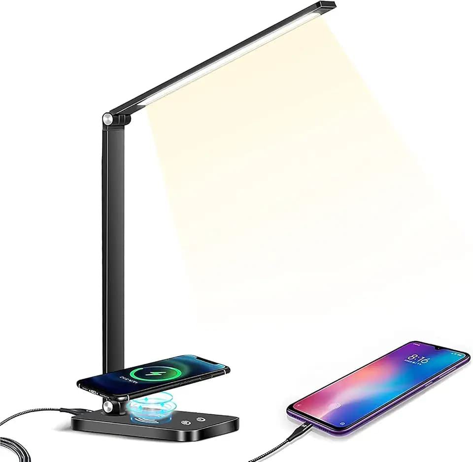 MDHAND Schreibtischlampe, dimmbar, 5 Farbmodi, 10 Helligkeitsstufen, LED, Touch-Bedienung, Nachttischlampe mit USB-Anschluss und Timer-Funktion, energiesparend