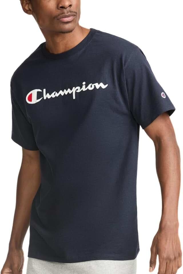 Champion Men's Graphic Short Sleeve T-Shirt, Standard Fit, Classic Script Logo, Midweight 100% Cotton